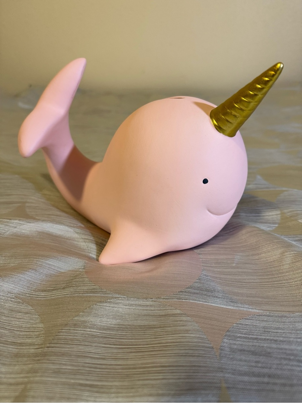 Pink Narwhal Ceramic Figurine with Gold Horn - Decorative Accent